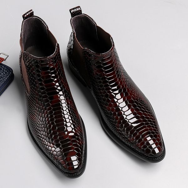 

trend leather boots snake skin pattern bota masculina pure leather work men shoes, Black
