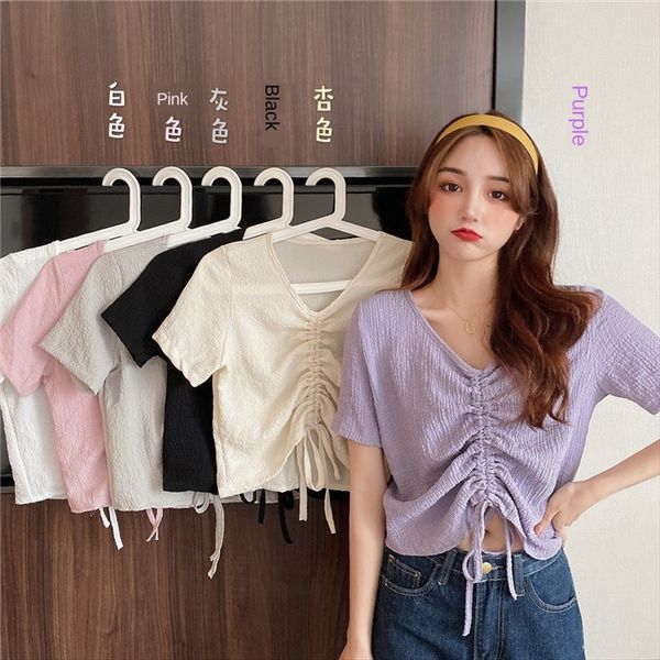 

summer 2020 drawstring women's short short-sleeved t- clavicle looks shirt thin and careful design sense umbilical base shirt, White