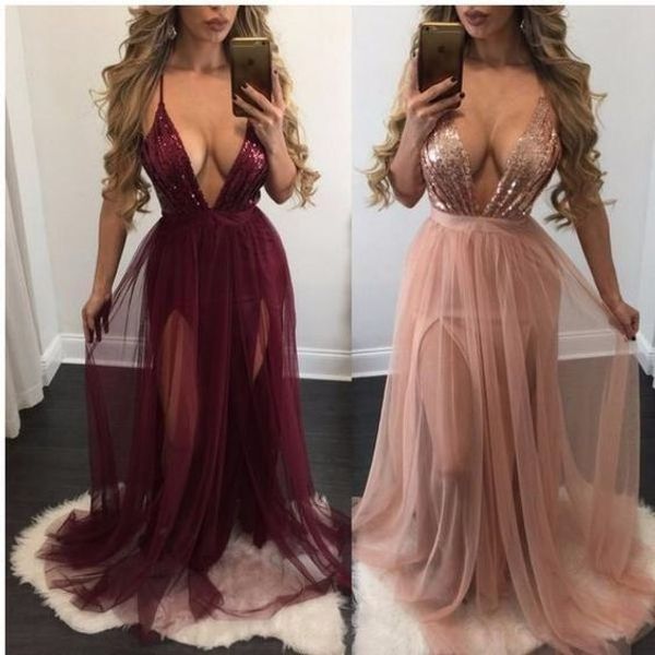

spaghetti straps deep low cut v neck long maxi dresses with sequin bodice floor length prom pagenat dresses with side slits custom made, Black