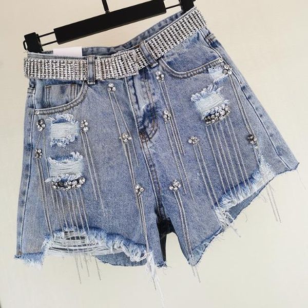 

джинсовые шорты 2019 лето новая мода женщины широкие ноги тяжелая работа блестками бриллиантами кисточкой отверстие высокая талия джинсы шор, White;black