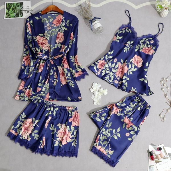 

daeyard pajamas for women overall print 4pcs silk pajamas set satin pyjamas with shorts lace pjs sleepwear home clothes, Black;red