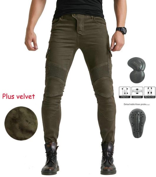 

winter leisure army green overalls motorcycle jeans outdoor plus velvet warm motorcycle riding pants with 4 pads