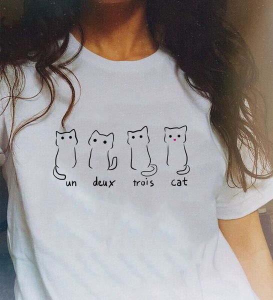 

new lovely four cat letter print t shirt women o neck short sleeve summer t-shirt fashion tumblr graphic t shirts clothes, White