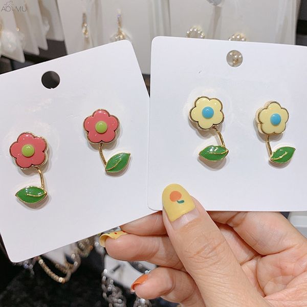 

aomu 2019 new cute simple enamel flower green leaf stud earrings gifts for women girl student party wedding jewelry, Golden;silver