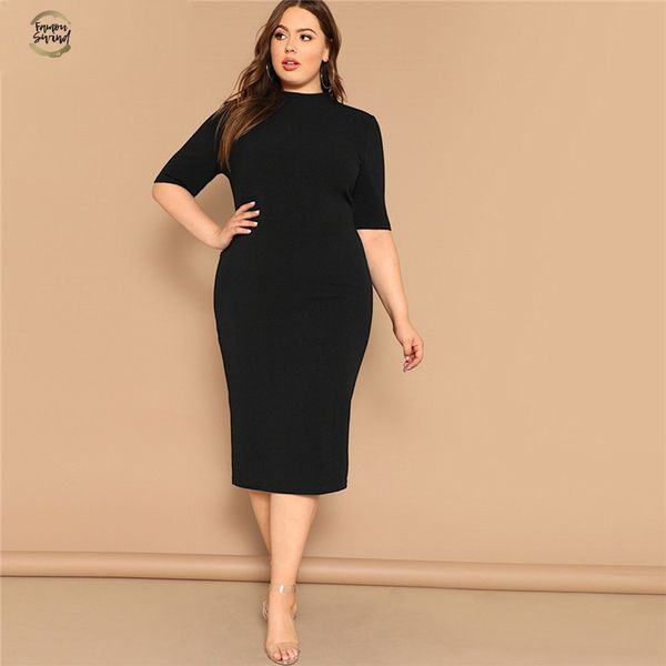 

classy black plus size mock-neck solid pencil slim dress women spring office lady bodycon basics plus size long dresses, Black;gray