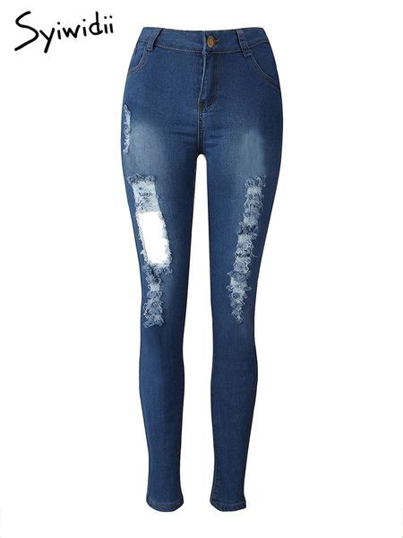 

stretch high waist ripped jeans women sexy street style streetwear hollow out bleached hole trousers full length pencil pants, Blue