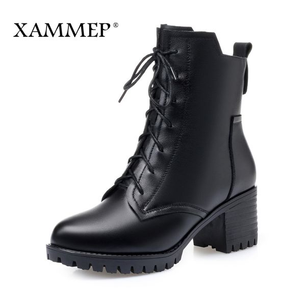 

women winter shoes women genuine leather boots brand shoes winter boots high heel ankle plush 43 platform xammep, Black