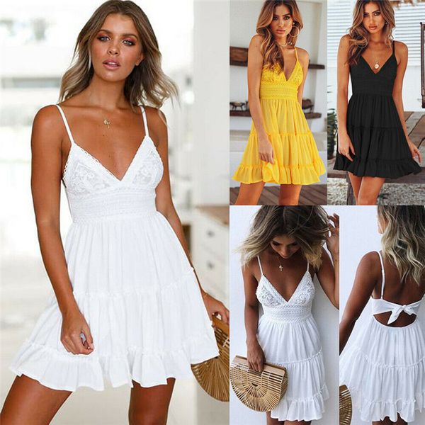 

women sleeveless holiday lace dress beachwear ladies summer beach swing sundress v neck elegant short dress, Black;gray