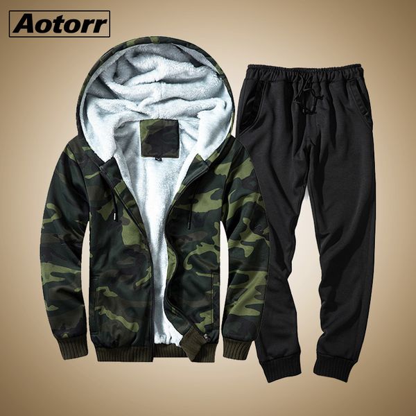 

winter fleece thick men set sports suit camouflage tracksuit hooded two piece sets male cotton jacket + pants sporting suit, Gray