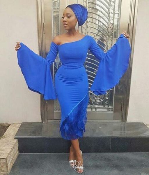 

2019 Aso Ebi Plus Size Prom Dresses Irregular Neck Long Sleeves Spandex Evening Gowns Mermaid Arabia Women Tea Length Party Evening Gowns