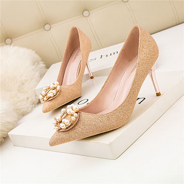 

2019 woman fetish 7cm high heels scarpins sequin pearl shoes lady silver gold escarpins talons stiletto wedding cute party pumps, Black