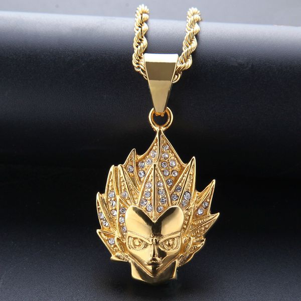 

cuban link chains dragon ball wukong stainless steel rhinestone saiya pendant color protection electroplating head portrait gift souvenir, Silver