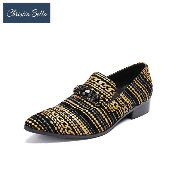 

christia bella stripe printing suede leather men office shoes big size fashion chain men shoes slip on formal party dress, Black