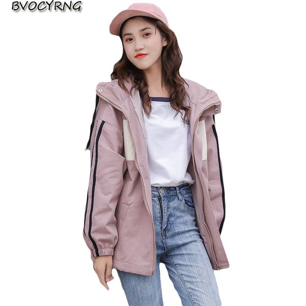 

2019 hooded loose coat female spring and autumn trench student clothing coats feminine leisure outerwear new women windbreaker, Tan;black