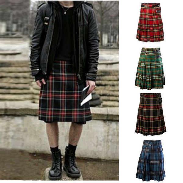 

litthing new scottish mens kilt traditional plaid belt pleated bilateral chain brown gothic punk scottish tartan trousers skirts, White;black