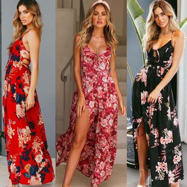 

women summer sleeveless floral dress evening party beach long dress summer backless strap bohemian beach, Black;gray