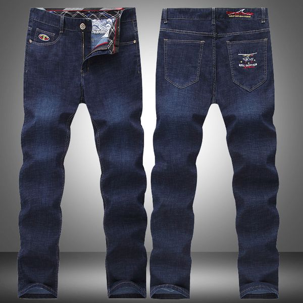 

autumn winter thin casual pants slim elastic zipper men classic straight denim male 2020 new brand jeans long trousers, Blue