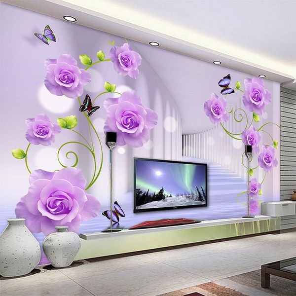 

Custom Photo Wallpaper Modern Purple Rose Flowers 3D Stereoscopic Living Room TV Sofa Background Wall Home Decor 3D Wall Murals, Customize