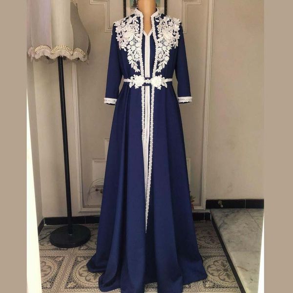 

muslim evening dress moroccan kaftan navy robe de soiree dubai lace applique formal dress long sleeve women evening gown, Black;red