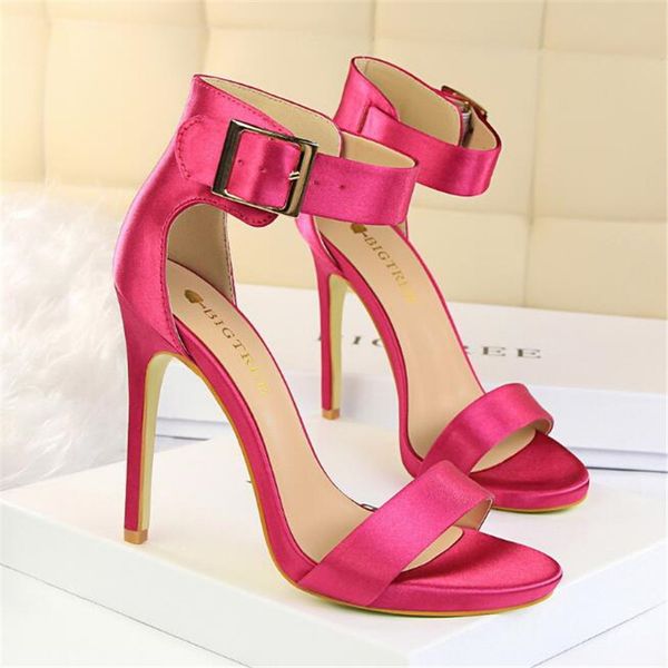 

women's sandals new fashion simple nightclub stiletto super high-heeled satin metal belt buckle word with sandals, Black