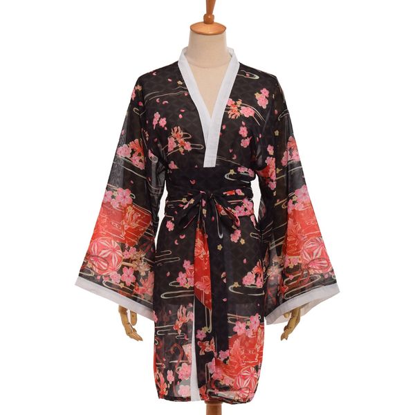 

japanese style sakura kimono cardigan yukata, Tan;black
