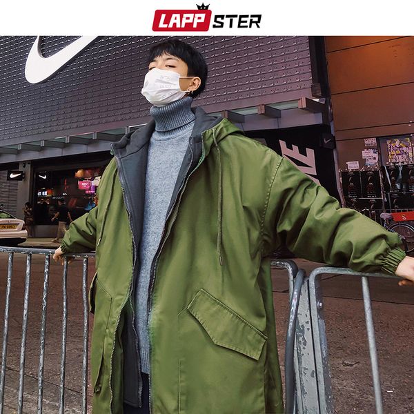 

lappster мужчины armygreen cargo parka 2019 mens поддельные две пьесы зимы с капюшоном куртки пальто мужской hip hop длинные пальто ветровку, Black