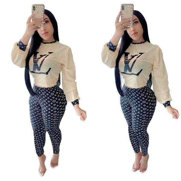 

женская футболка из двух частей костюма с длинным рукавом футболки топы + брюки леггинсы спортивный костюм брендовая одежда осень спортивная, White