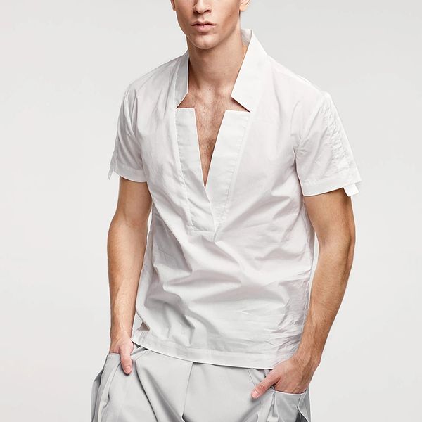 

man loose star collar short sleeve plus-size blouse shirt for men v-neck short-sleeved plain shirt fashion casual, White;black