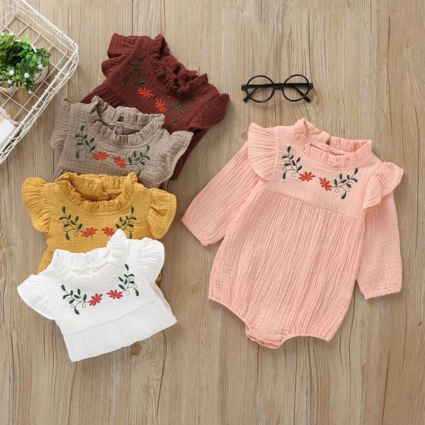 

newborn girl 1 piece flower embroidery linen romper toddler baby ruffles long sleeve bodysuit outfits, Blue