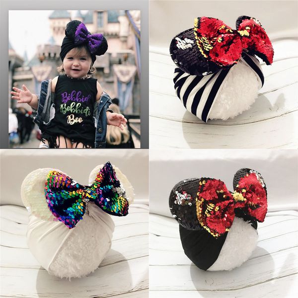 

new europe baby girls big bow hat kids cartoon sequins bowknot hat children cotton turban hats 10 colors 14962, Slivery;white