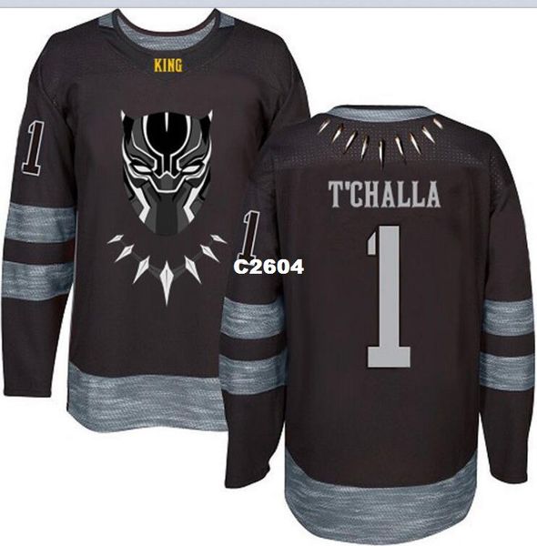 

real men real full embroidery t'challa #1 the panther movie superhero marvel comics black or custom any name or number hockey jersey, Black;red