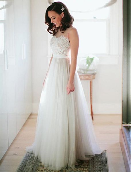 

новый 2020 robe де mariée sash иллюзия плиссе простые моды тюль boho свадебное платье а-линия аппликация кружева пляж летний сад свадебное п, White