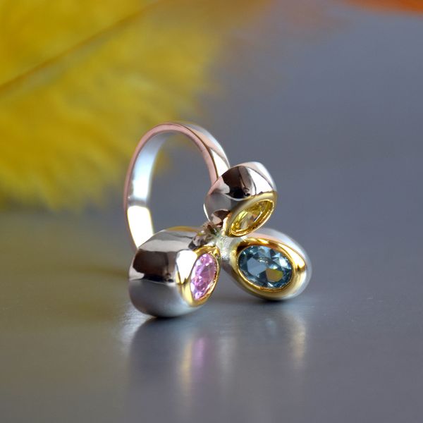 Mode-schöner süßer Ring blau rosa goldener Kristall Zirkon Silber-2-Ton plattiert Schmuck Mode Fingerringe weiblich neuer Schmuck
