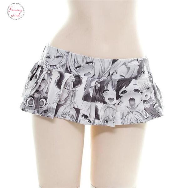 

19cm anime womens lolita cosplay ultrashort pleated skirt japanese high waist expression printed comic girl mini skirts, Black