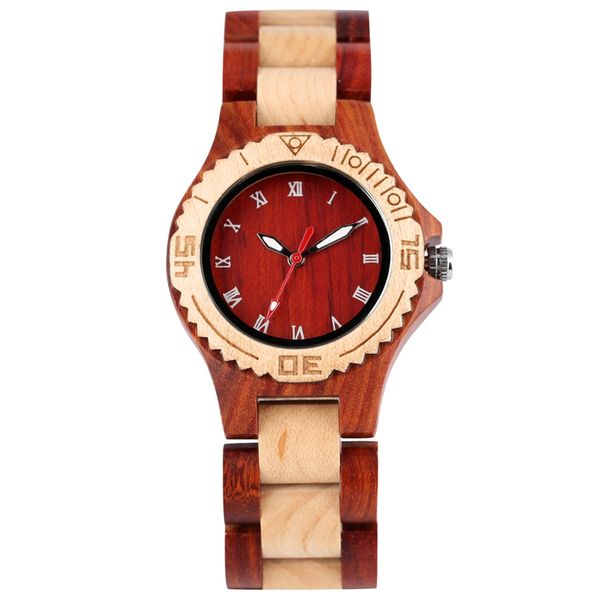 

new fashion red sandalwood maple wood roman numerals dial quartz watch full wooden wrist band retro woody clock for men women, Slivery;brown