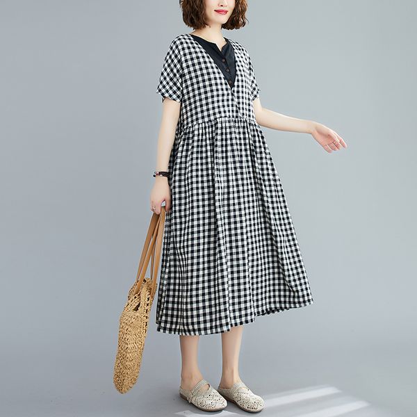 

2020 summer loose maternity cotton dress plus size preppy style short sleeve v-neck patchwork pregnant women linen dress pocket, White