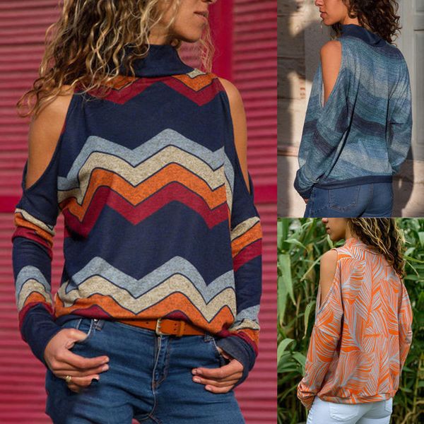 

ladies designer women blouses women cold shoulder high neck shirt blouse ladies autumn long sleeve printed casual blouse, White