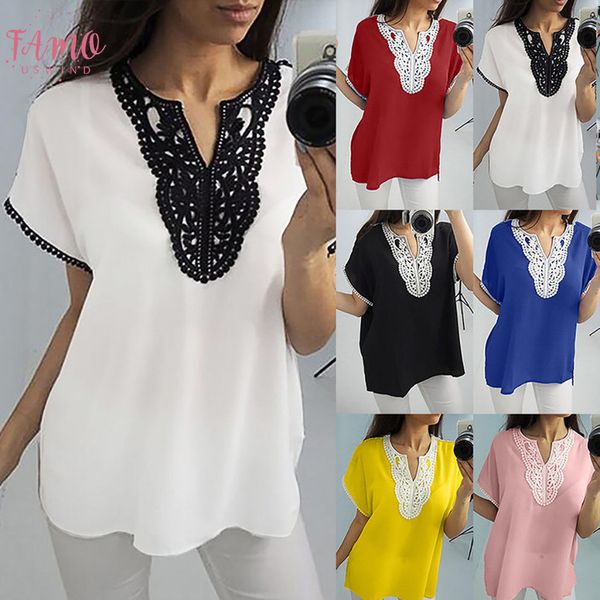 

women shirts chiffon patchwork v neck plus size splicing lace short sleeve temperament cap sleeve elegant summer blouse shirts, White