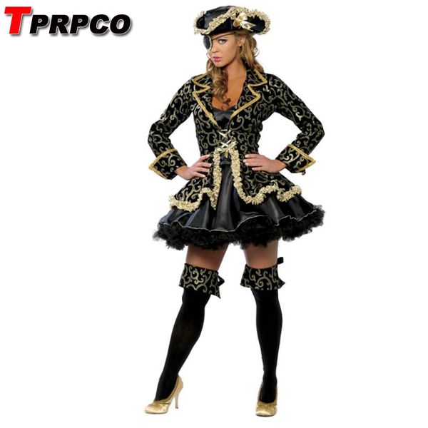 

tprpco women cosplay black skirt gold pirate costume halloween costume with hat nl200, Black;red