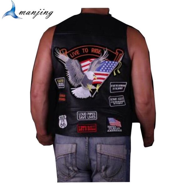 

man and woman retro genuine leather harlly dav motorcycle vest embroidered us flag eagle symbol waistcoat full black
