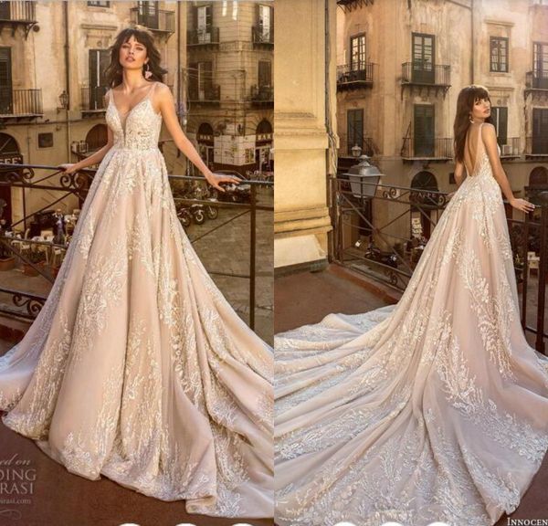 

2019 innocentia divina boho wedding dresses v neck lace appliqued backless beach bridal gowns sweep train plus size wedding dress, White