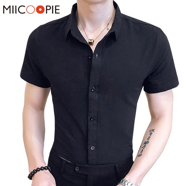 

2020 men slim fit button down shirt short sleeve cotton breathable mens shirts dress business pleated chemise homme, White;black