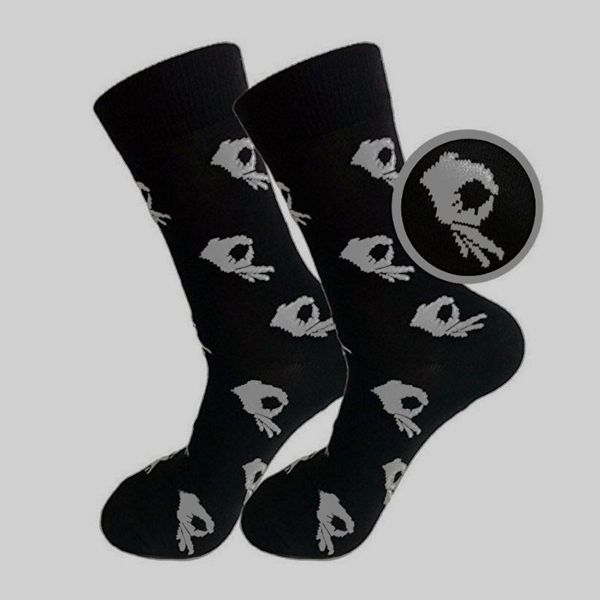 

men winter knitted mid-calf long crew socks funny ok gesture printed hip-hop trendy cotton hosiery skateboard streetwear, Black