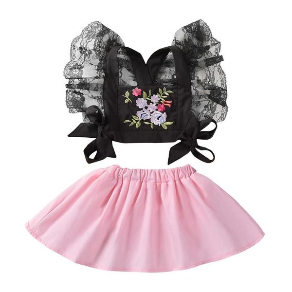 

summer clothes sets baby girls bandage sleeveless cotton fashion personality lace and short solid dress outfits, White