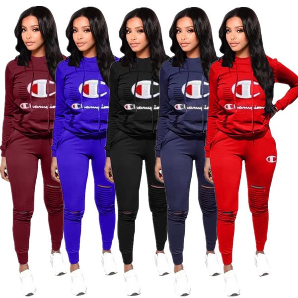 

Champion women de igne track uit weat hirt hoodie rippled hole pant legging 2 piece et outfit autumn weat uit port wear 3xlc8906, White