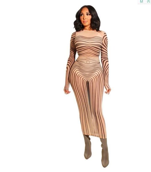 

mysterious kim kardashian sinuous stripe print dress sheer mesh long sleeve back slit maxi bodycon dress for women vestidos y19051102, Black;pink
