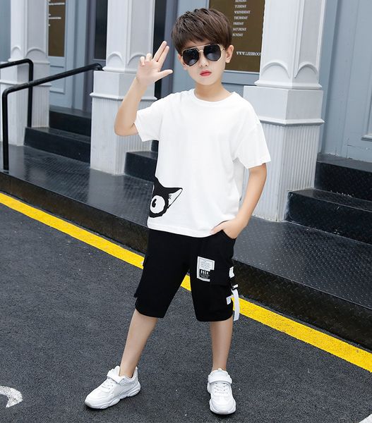 

boy summer suit 2020 new trendy handsome summer children's fashion two-piece suit two-piece fashion hip-hop set for big kids in sports, White