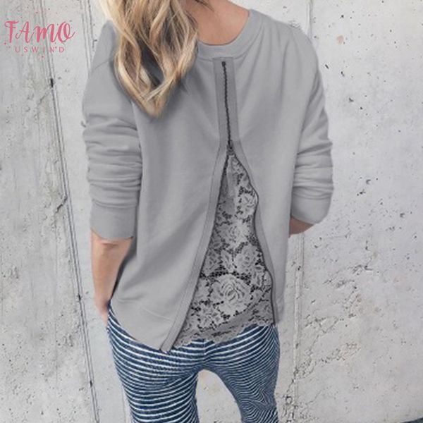 

женская мода o шею длинного рукава повседневная сплошная назад молния футболка осени плюс размер топы xs 8xl, White