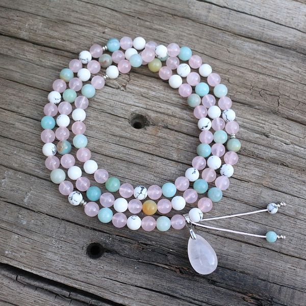 

8mm natural stone beads,rose quartz,howlite,encourage,japamala sets,spiritual jewelry,meditation,inspirational,108 mala beads, Silver