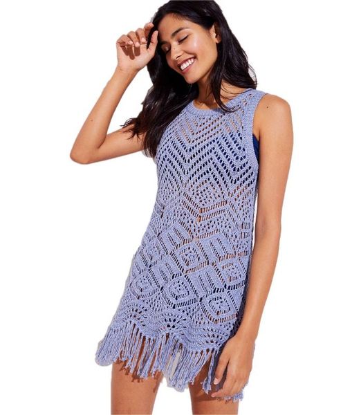 

summer beach wear bathrobe womens plus size women dress towel cover ups new purple hollowed knitted vest skirt swimsuit dress, Blue;gray